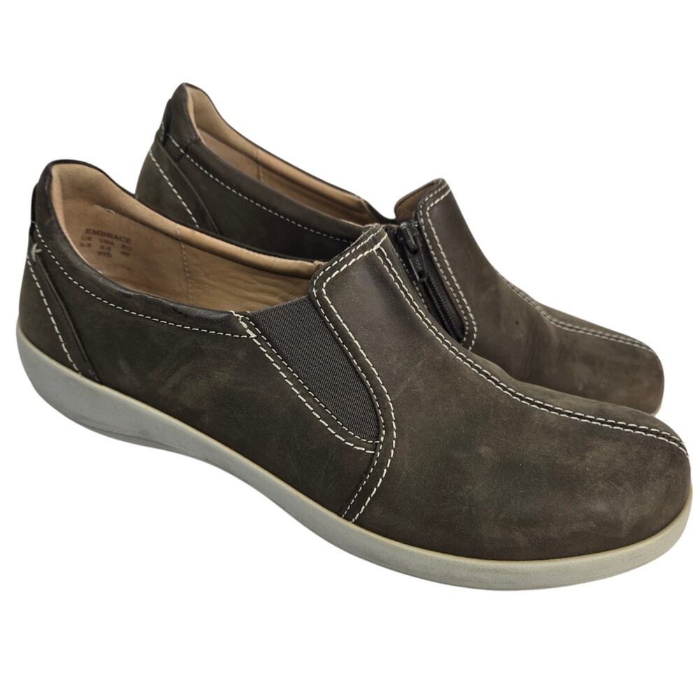 Hotter Ortholite Comfort Shoes Embrace Womens US 8.5 Brown Leather Slip On Zip